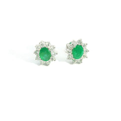 Oval Emerald Diamonds Flower Earring 18K WG 1.27 / D 0.51 / 0.59 / Oval Green Emerald and Round Brilliant Diamond Stud Earrings in White Gold