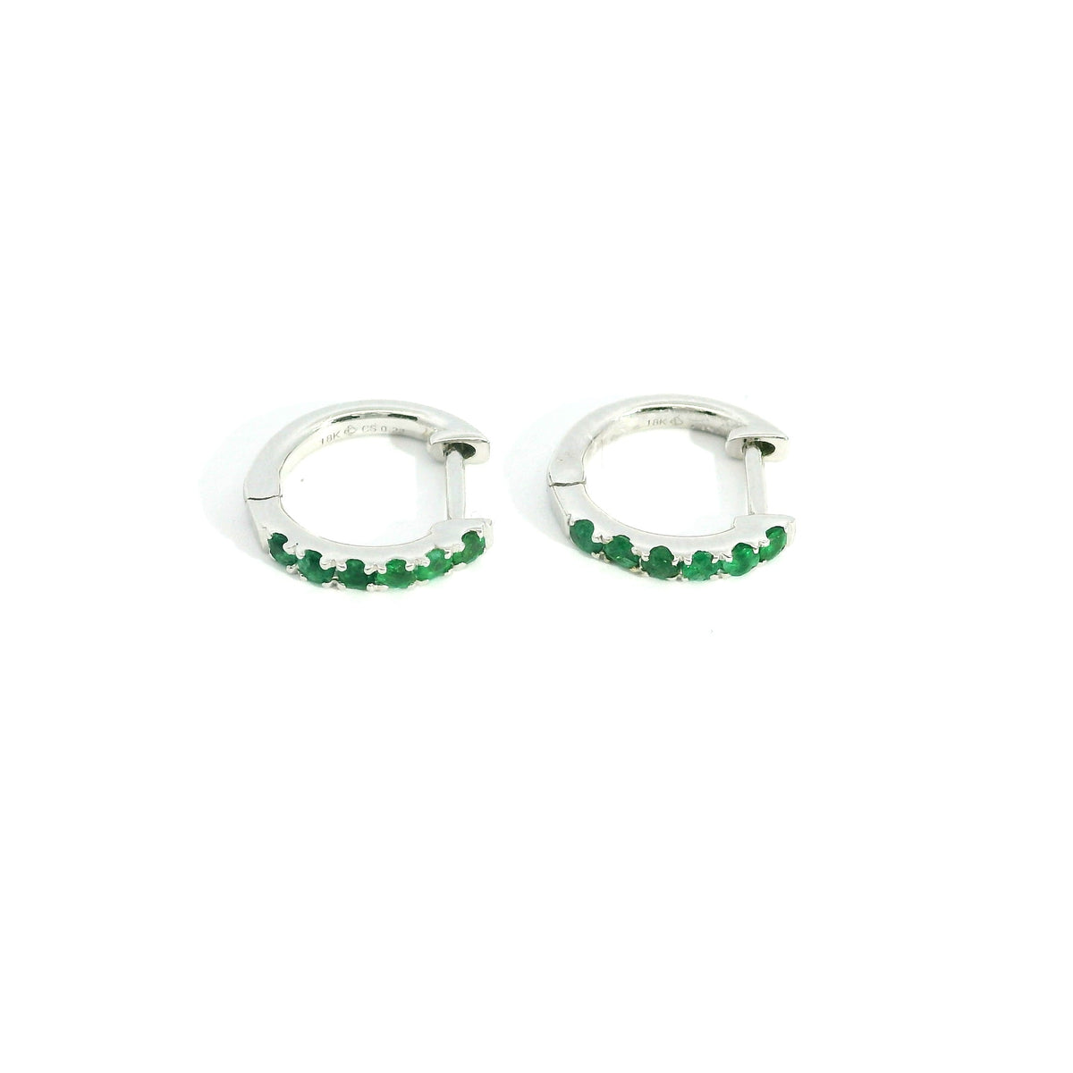 Emerald Mini Hoops 18K WG 1.16 / 0.22 / Elegant White Gold Hoop Earrings with Round Brilliant Cut Emeralds