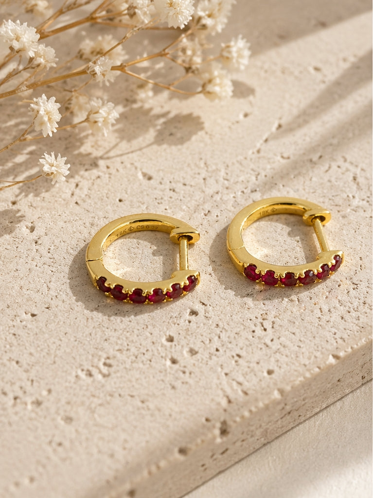 Ruby Mini Hoops 18K YG 1.33 / 0.22 / Sophisticated Yellow Gold Hoop Earrings with Round Brilliant Cut Red Rubies