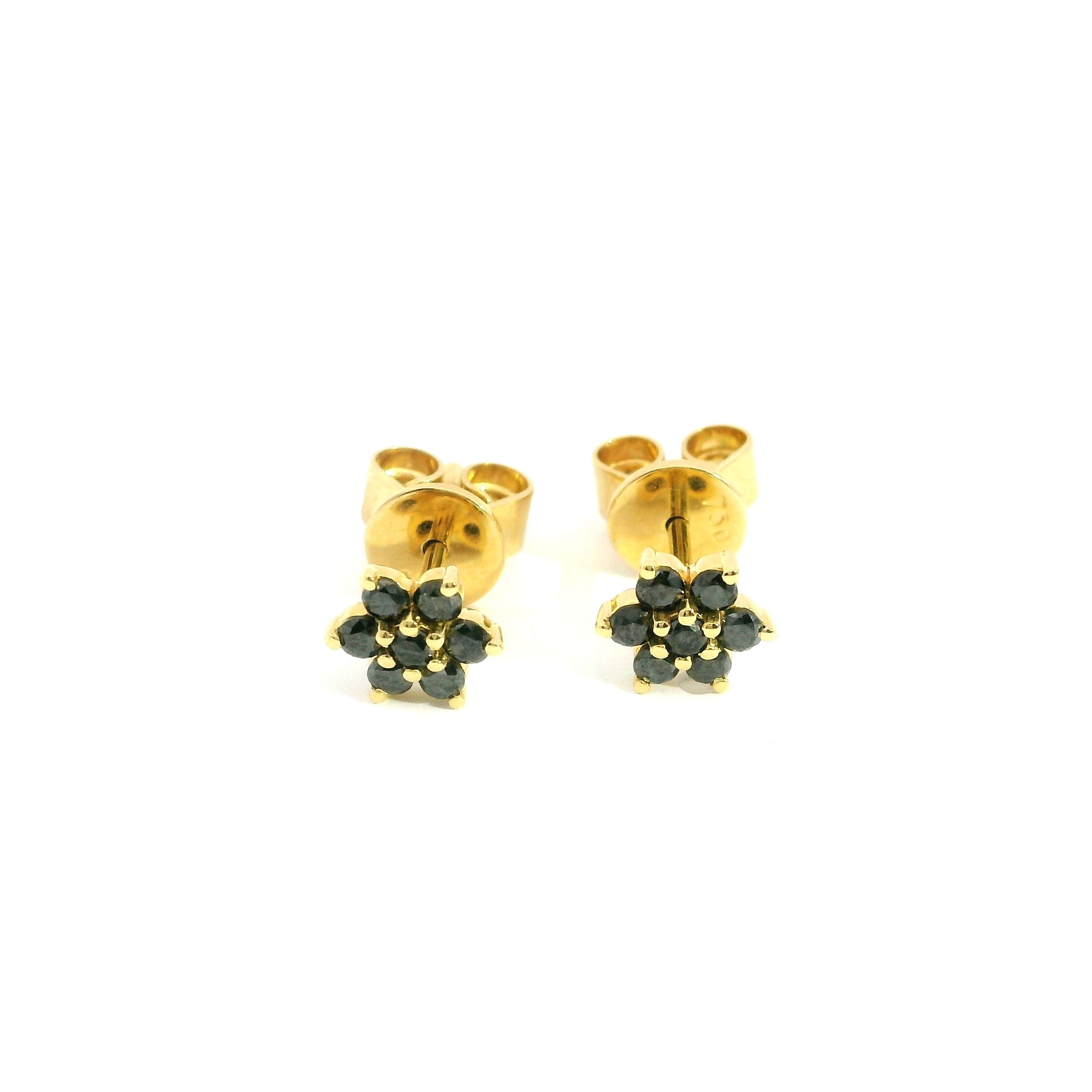 Black Diamond Flower Earring 18K YG 1.70 / D 0.34 / Fancy Dark Black Diamond Round Brilliant Stud Earrings in 18k Yellow Gold